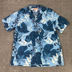RJC Hawaiian Shirt Men's XL Blue Floral Tropical Abstract Cotton Camp Button Up
